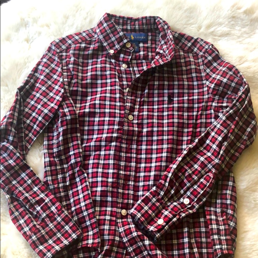 Boys black red holiday plaid button down, Sz 8